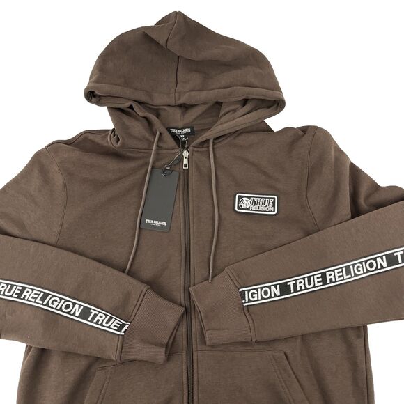 New Mens True Religion Spellout Logo Taping Full Zip Hoodie Size Large Brown NWT - Picture 1 of 9